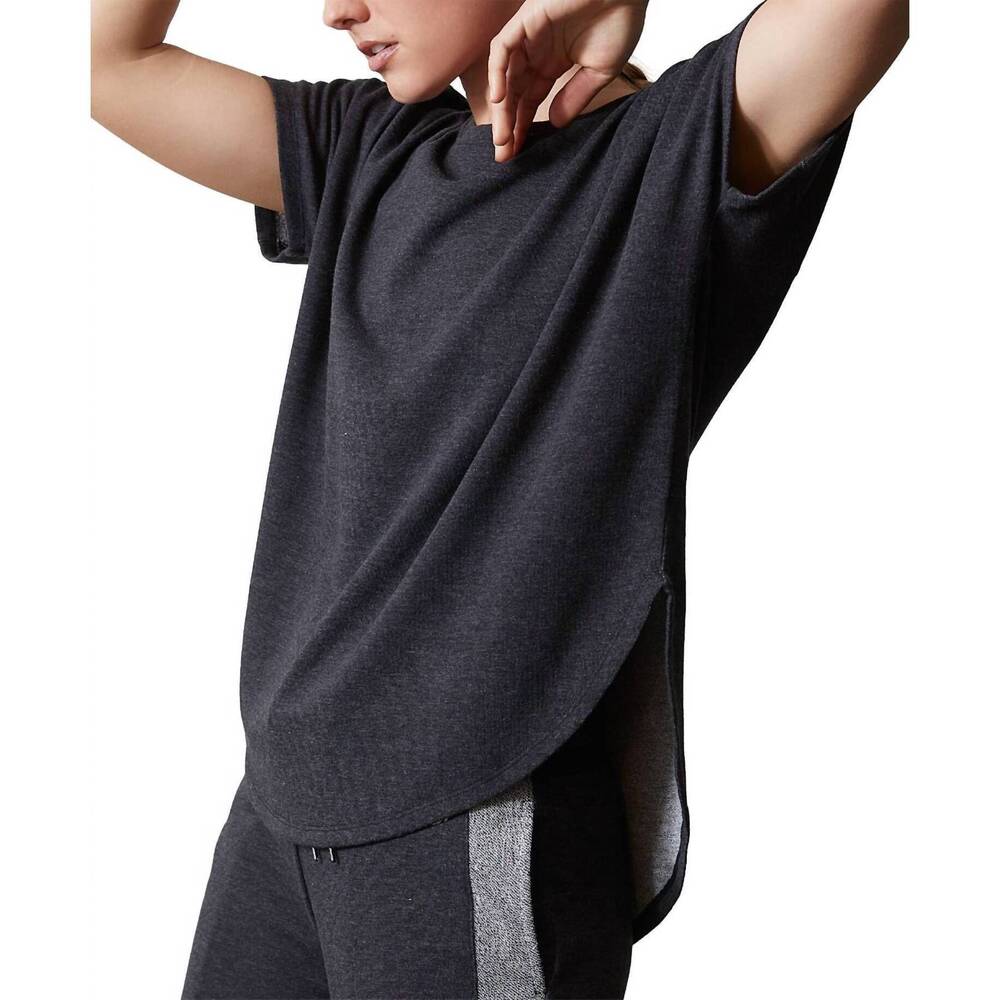 NEW JOSIE NATORI activewear chi french terry split-back top in heather black